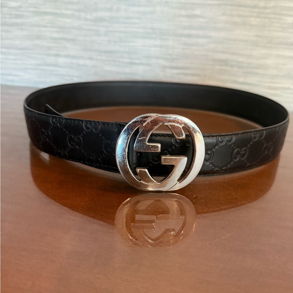 Gucci Black Embossed Leather Belt with Silver Buckle